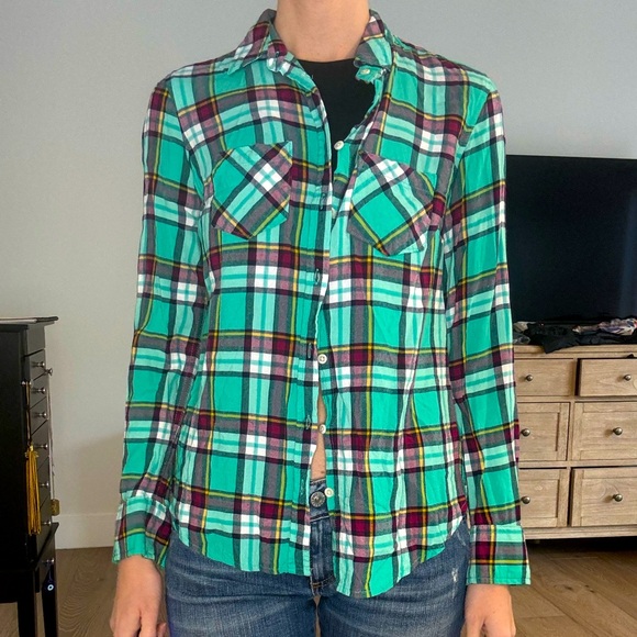 Merona Green Plaid Button Down Top - Picture 1 of 8